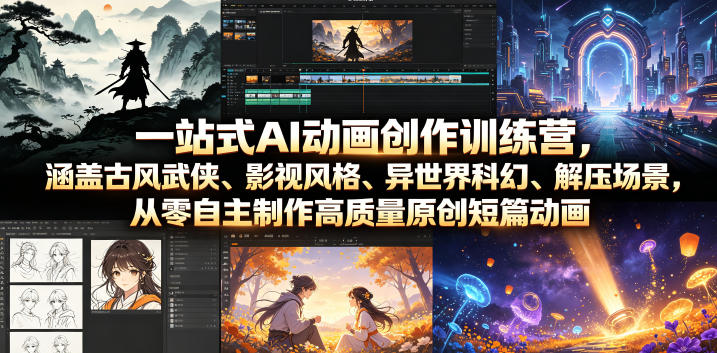 一站式AI动画创作训练营,涵盖古风武侠、影视风格、异世界科幻、解压场景,从零自主制作高质量原创短篇动画-低成本创业项目大全|短视频带货+AI副业变现|知行创业网