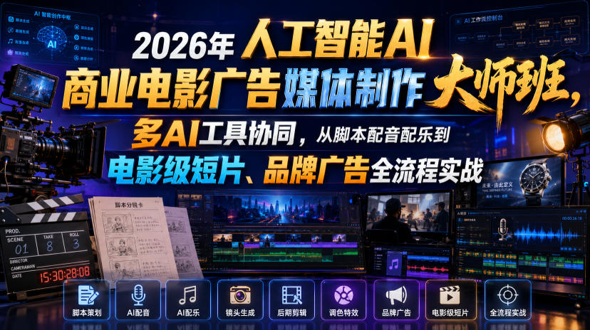 2026年人工智能AI商业电影广告媒体制作大师班，多AI工具协同，从脚本配音配乐到电影级短片、品牌广告全流程实战（中英字幕）-低成本创业项目大全｜短视频带货+AI副业变现｜知行创业网