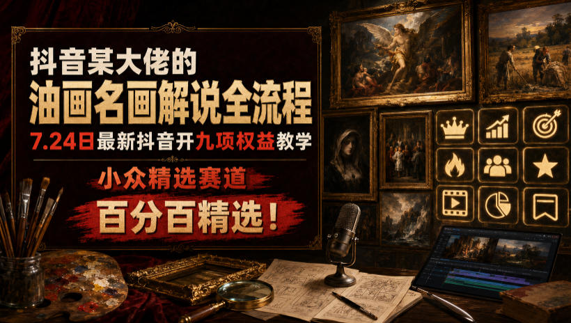 抖音某大佬的油画名画解说全流程，7.24日最新抖音开九项权益教学，小众精选赛道，百分百精选！-低成本创业项目大全｜短视频带货+AI副业变现｜知行创业网