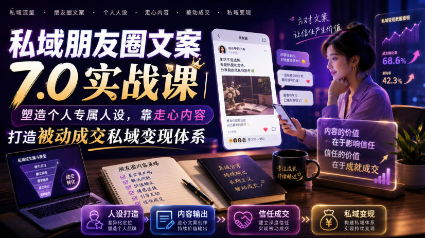 私域朋友圈文案7.0实战课｜塑造个人专属人设，靠走心内容打造被动成交私域变现体系-低成本创业项目大全｜短视频带货+AI副业变现｜知行创业网