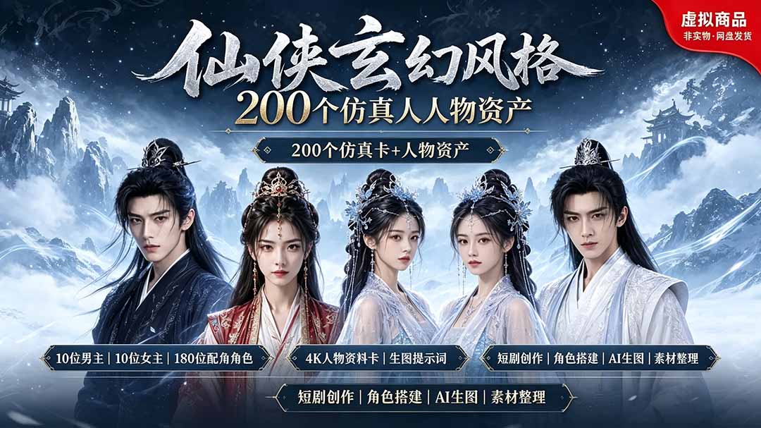 （19301期）200个仙侠玄幻仿真人素材◆10男主×10女主×180配角，4K资料卡+AI生图提示词，漫剧必备-低成本创业项目大全｜短视频带货+AI副业变现｜知行创业网
