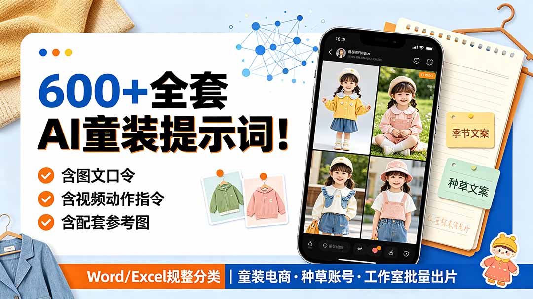 （19302期）600+全套AI童装提示词！含图文口令+视频动作指令+配套参考图，Word/Excel规整分类，童装电商、种草无脑量产内容-低成本创业项目大全｜短视频带货+AI副业变现｜知行创业网