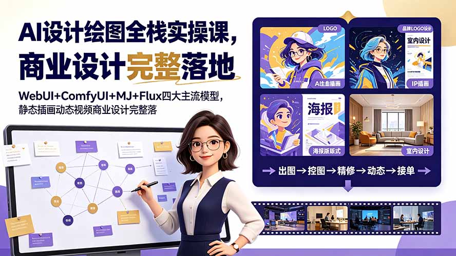 （19244期）AI设计绘图全栈实操课，WebUI+ComfyUI+MJ+Flux四大主流模型，静态插画动态视频商业设计完整落地教程-低成本创业项目大全｜短视频带货+AI副业变现｜知行创业网