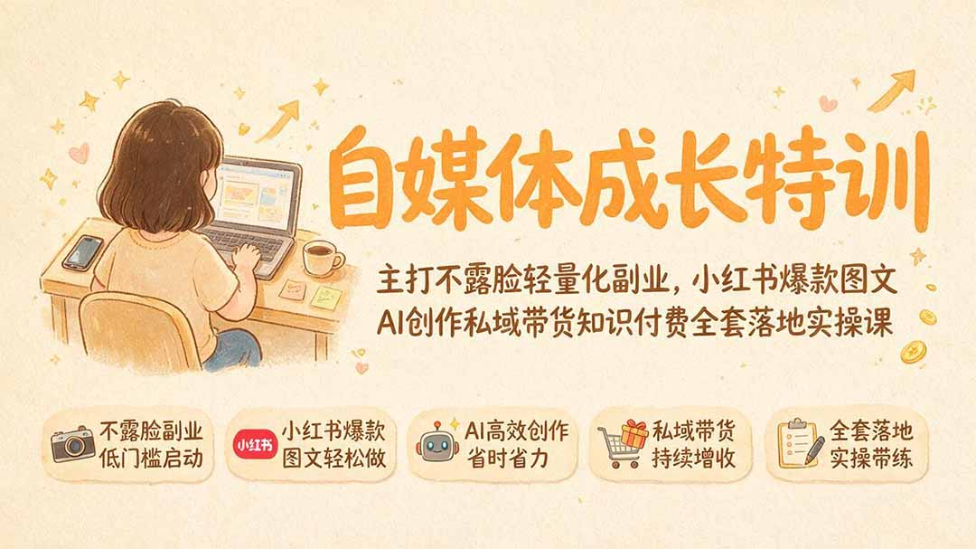 （19584期）自媒体成长特训｜主打不露脸轻量化副业，小红书爆款图文AI创作私域带货知识付费全套落地实操课-低成本创业项目大全｜短视频带货+AI副业变现｜知行创业网