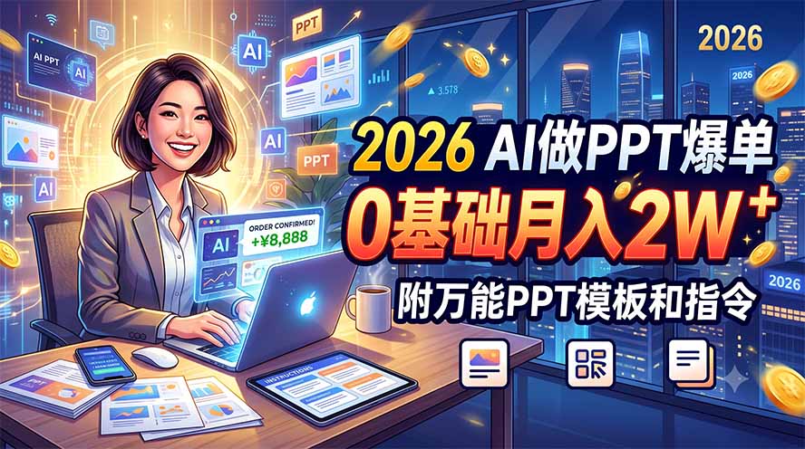 (19284期)2026 AI做PPT爆单,0基础月入2W,附万能PPT模板和指令-低成本创业项目大全|短视频带货+AI副业变现|知行创业网