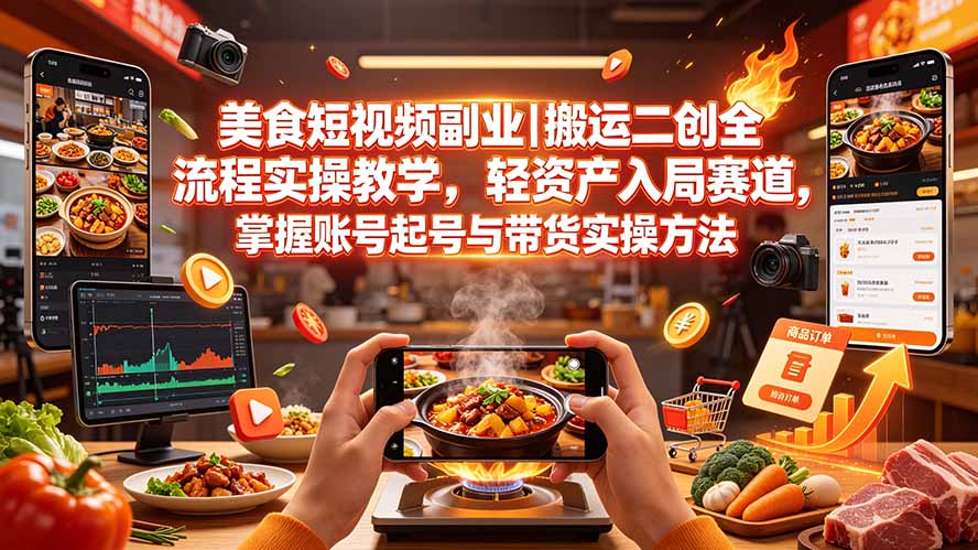 （19535期）美食短视频副业｜搬运二创全流程实操教学，轻资产入局赛道，掌握账号起号与带货实操方法-低成本创业项目大全｜短视频带货+AI副业变现｜知行创业网