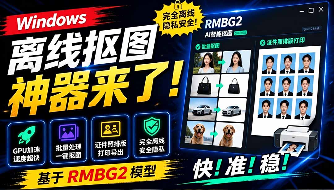 （19357期）Windows离线抠图神器来了！支持批量抠图 + 证件照排版打印，基于RMBG2模型，GPU加速 方块AI抠图-低成本创业项目大全｜短视频带货+AI副业变现｜知行创业网