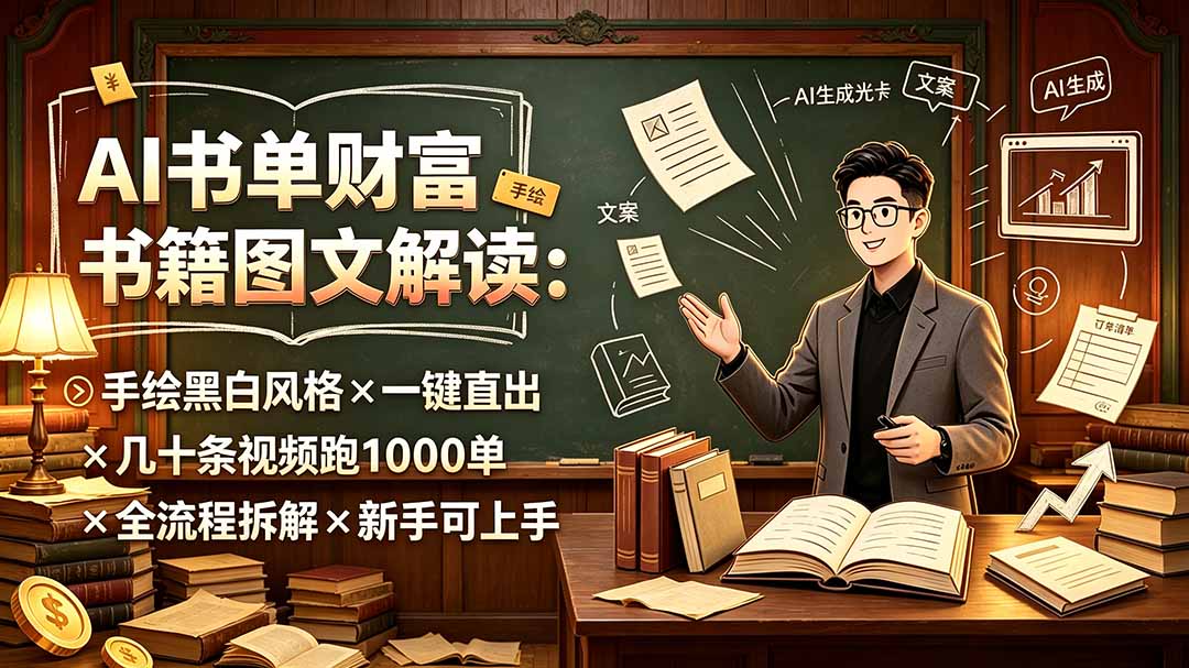 （19515期）AI书单财富书籍图文解读：手绘黑白风格×一键直出×几十条视频跑1000单×全流程拆解×新手可上手-低成本创业项目大全｜短视频带货+AI副业变现｜知行创业网