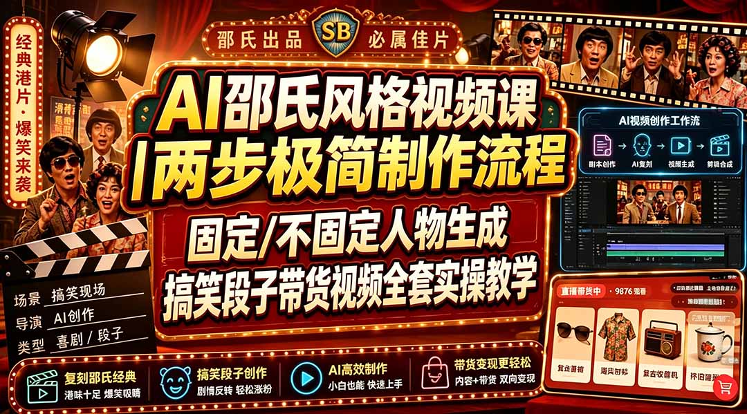 （19602期）AI邵氏风格视频课｜两步极简制作流程，固定/不固定人物生成，搞笑段子带货视频全套实操教学-低成本创业项目大全｜短视频带货+AI副业变现｜知行创业网