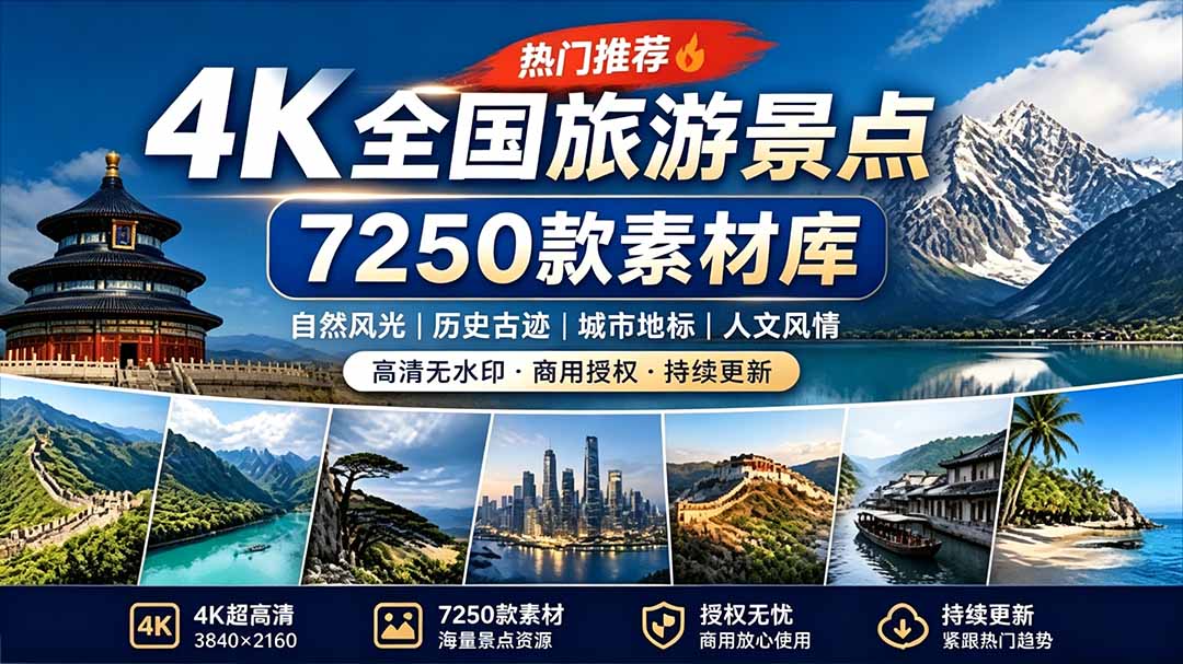 （19309期）热门全国旅游风景素材！4K全国旅游景点素材库，7250款素材，旅行达人城市航拍风景风光高清短视频-低成本创业项目大全｜短视频带货+AI副业变现｜知行创业网