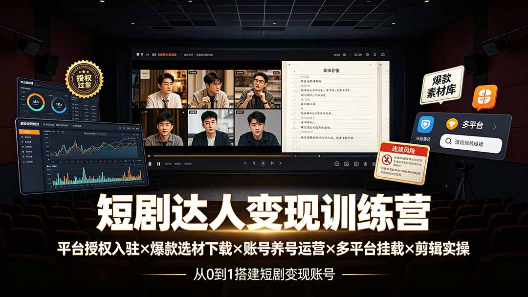 （19551期）短剧达人变现训练营：平台授权入驻×爆款选材下载×账号养号运营×多平台挂载×剪辑实操×违规处理全流程-低成本创业项目大全｜短视频带货+AI副业变现｜知行创业网