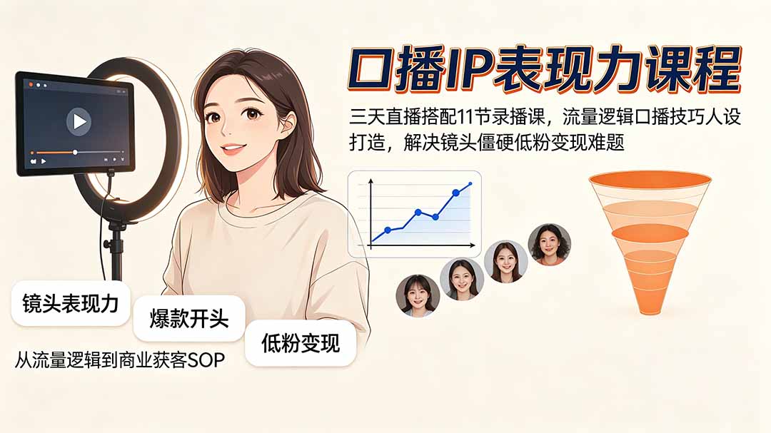 （19604期）口播IP表现力课程｜三天直播搭配11节录播课，流量逻辑口播技巧人设打造，解决镜头僵硬低粉变现难题-低成本创业项目大全｜短视频带货+AI副业变现｜知行创业网