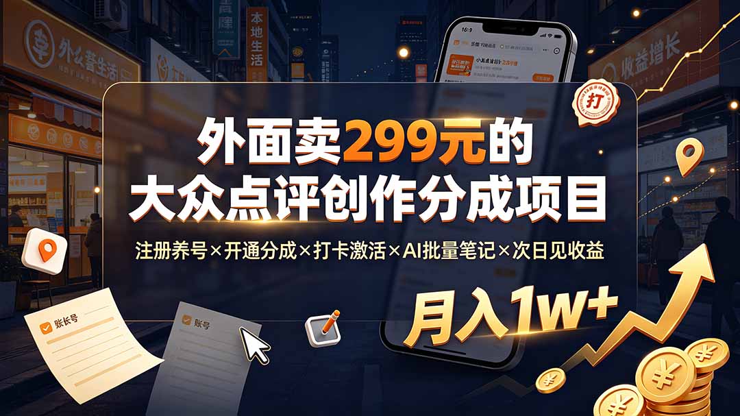 （19488期）外面卖299元的大众点评创作分成项目：注册养号×开通分成×打卡激活×AI批量笔记×次日见收益，月入1w+-低成本创业项目大全｜短视频带货+AI副业变现｜知行创业网