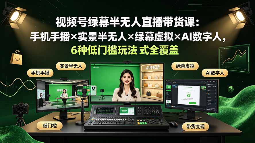 （19271期）视频号绿幕半无人直播带货课：手机手播×实景半无人×绿幕虚拟×AI数字人，6种低门槛玩法全覆盖-低成本创业项目大全｜短视频带货+AI副业变现｜知行创业网