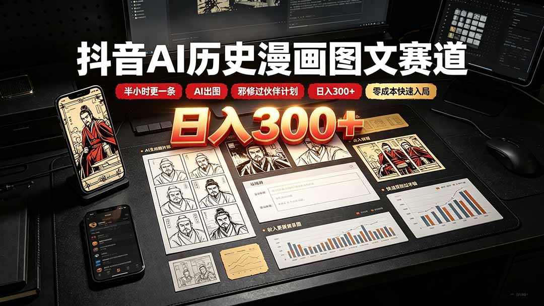 （19498期）抖音AI历史漫画图文赛道：半小时更一条×AI出图×邪修过伙伴计划×日入300+，零成本快速入局-低成本创业项目大全｜短视频带货+AI副业变现｜知行创业网