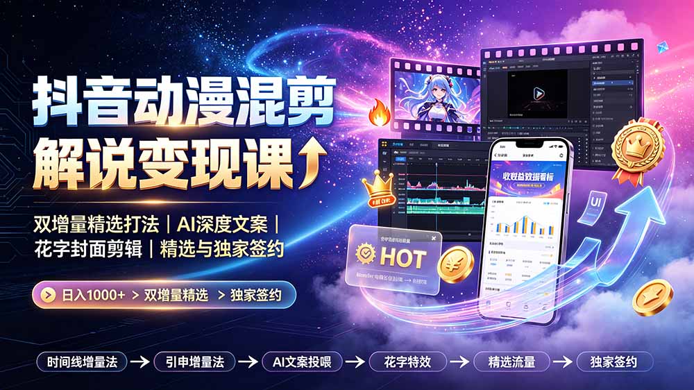 （19311期）抖音动漫混剪解说变现课：双增量精选打法｜AI深度文案｜花字封面剪辑｜ 精选与独家签约日入1000+-低成本创业项目大全｜短视频带货+AI副业变现｜知行创业网