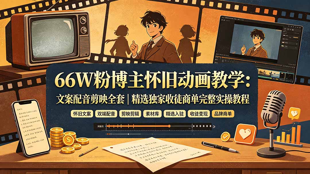 （19499期）66W粉博主怀旧动画教学：文案配音剪映全套｜精选独家收徒商单完整实操教程-低成本创业项目大全｜短视频带货+AI副业变现｜知行创业网