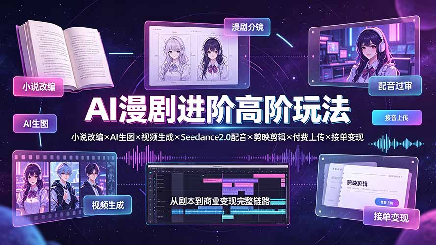 (19430期)AI漫剧进阶高阶玩法:小说改编×AI生图×视频生成×Seedance2.0配音×剪映剪辑×付费上传×接单变现-低成本创业项目大全|短视频带货+AI副业变现|知行创业网