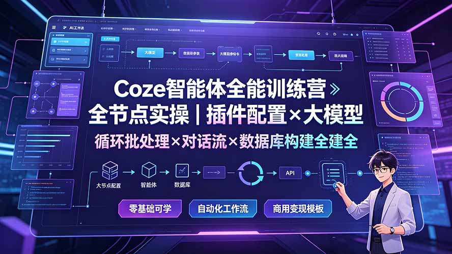 （19324期）Coze智能体全能训练营：全节点实操｜插件配置×大模型×循环批处理×对话流×数据库构建全教学-低成本创业项目大全｜短视频带货+AI副业变现｜知行创业网