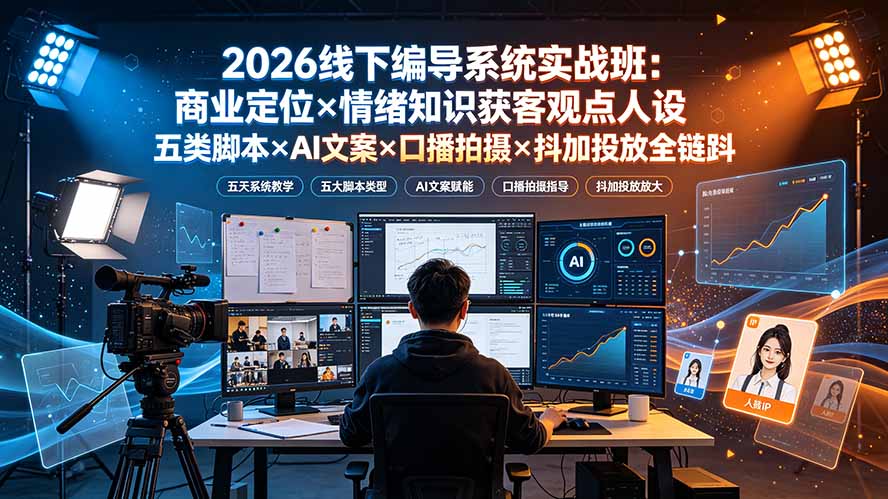 （19501期）2026线下编导系统实战班：商业定位×情绪知识获客观点人设五类脚本×AI文案×口播拍摄×抖加投放全链路-低成本创业项目大全｜短视频带货+AI副业变现｜知行创业网