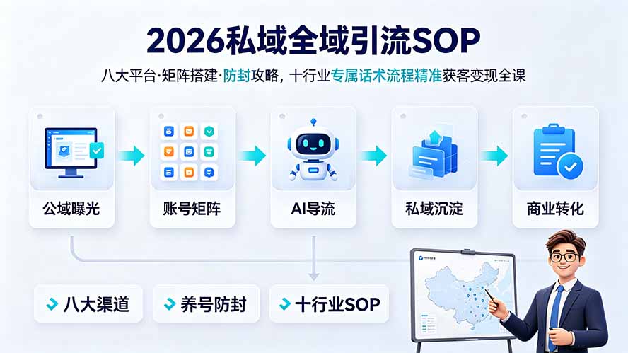 （19248期） 2026私域全域引流SOP｜八大平台·矩阵搭建·防封攻略，十行业专属话术流程精准获客变现全课-低成本创业项目大全｜短视频带货+AI副业变现｜知行创业网