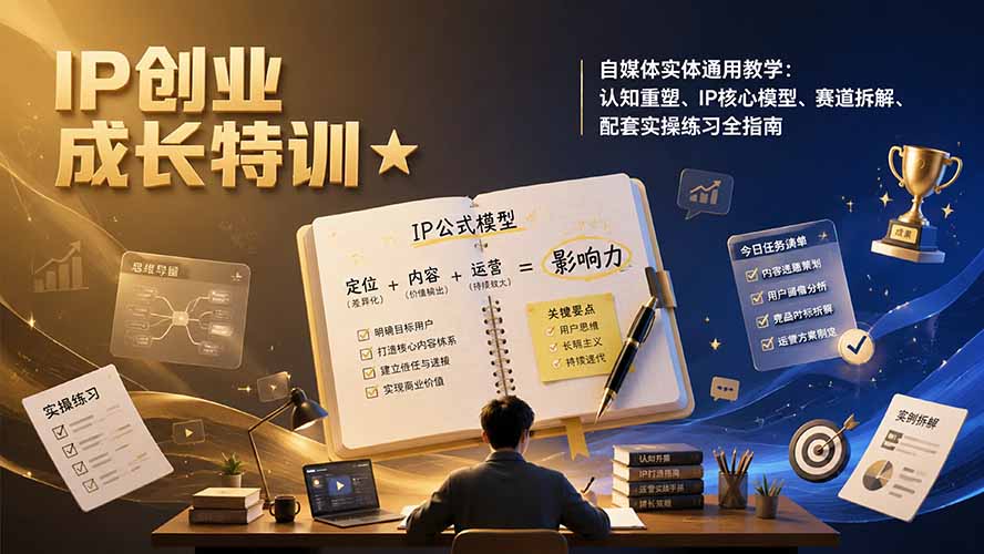 (19567期)IP创业成长特训★自媒体实体通用教学:认知重塑、IP核心模型、赛道拆解、配套实操练习全指南-低成本创业项目大全|短视频带货+AI副业变现|知行创业网