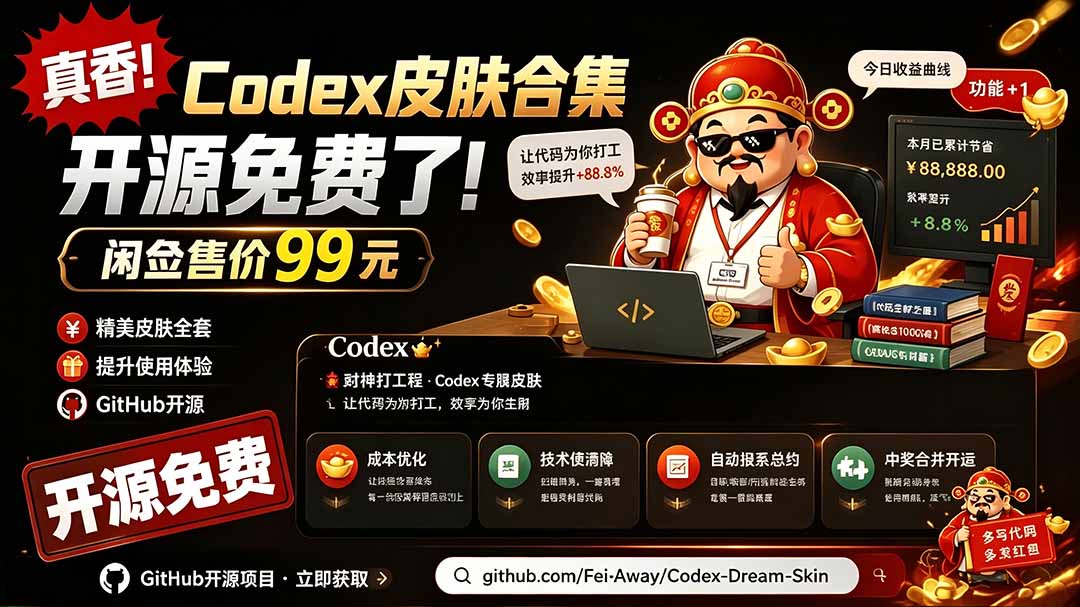 (19432期)闲鱼售卖99元的Codex皮肤包,GitHub 免费开源了!让你的codex变成精美界面 Codex Dream Skin-低成本创业项目大全|短视频带货+AI副业变现|知行创业网