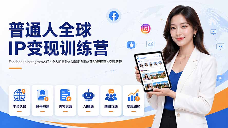 （19568期）普通人全球IP变现训练营：Facebook×Instagram入门×个人IP定位×AI辅助创作×前30天运营×变现路径-低成本创业项目大全｜短视频带货+AI副业变现｜知行创业网