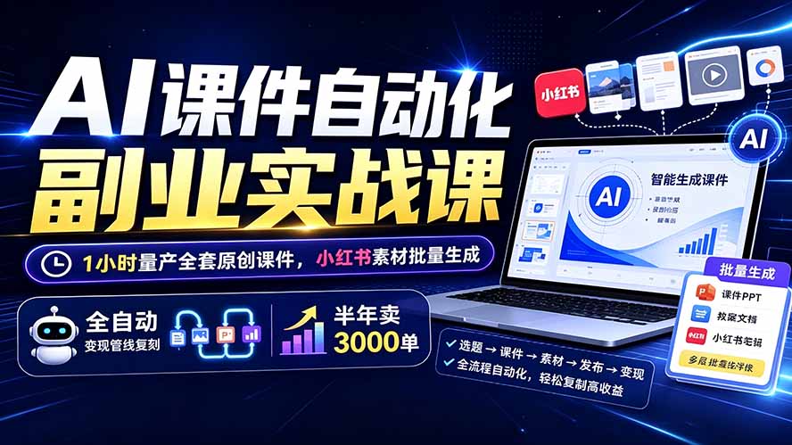 （19518期）AI课件自动化副业实战课：1小时量产全套原创课件×小红书素材批量生成×全自动变现管线×半年卖3000单-低成本创业项目大全｜短视频带货+AI副业变现｜知行创业网