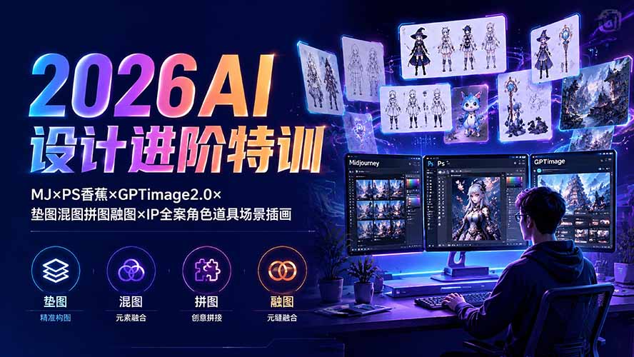 （19569期）2026AI设计进阶特训：MJ×PS香蕉×GPTimage2.0×垫图混图拼图融图×IP全案角色道具场景插画-低成本创业项目大全｜短视频带货+AI副业变现｜知行创业网