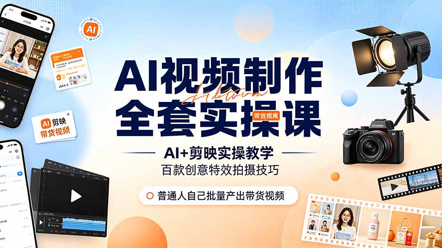（19200期）AI视频制作全套实操课，多款AI工具搭配剪映教学，百种特效运镜拍摄实操，抖音账号带货运营全覆盖-低成本创业项目大全｜短视频带货+AI副业变现｜知行创业网