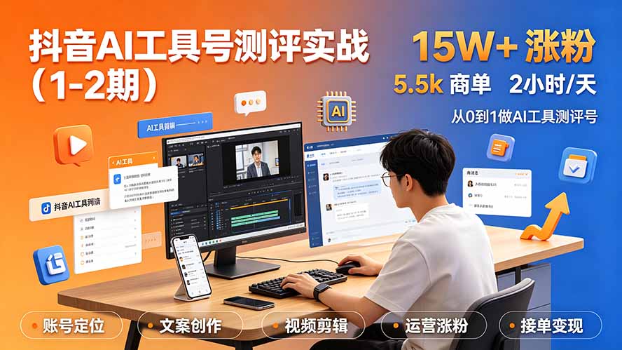（19380期）抖音AI工具号测评实战（1-2期）：单号涨粉15W+×商单5.5k×伙伴计划×普通人可复制，每天2小时长期可持续-低成本创业项目大全｜短视频带货+AI副业变现｜知行创业网