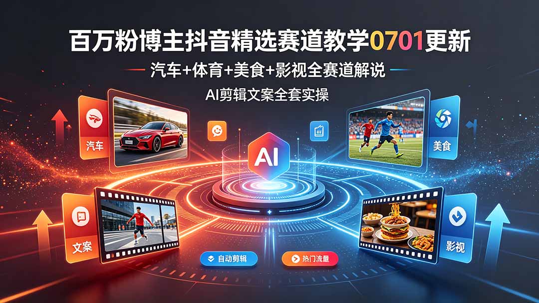 (19144期)百万粉博主抖音精选赛道教学-0701更新,汽车+体育+美食+影视全赛道解说,AI剪辑文案全套实操-低成本创业项目大全|短视频带货+AI副业变现|知行创业网