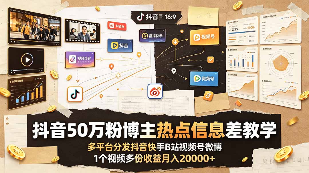 (19145期)抖音50万粉博主热点信息差教学:多平台分发抖音快手B站视频号微博,1个视频多份收益月入20000+-低成本创业项目大全|短视频带货+AI副业变现|知行创业网