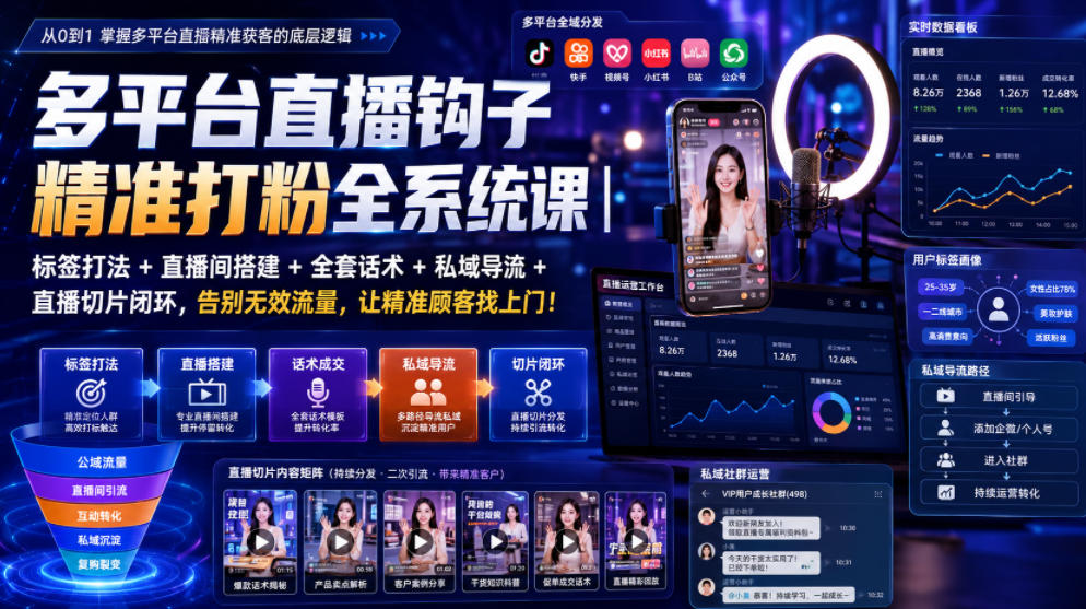 多平台直播钩子精准打粉全系统课｜标签打法+直播间搭建+全套话术+私域导流+直播切片闭环，告别无效流量，让精准顾客找上门！-低成本创业项目大全｜短视频带货+AI副业变现｜知行创业网