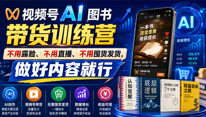 视频号AI图书带货训练营,不用露脸、不用直播、不用囤货发货,做好内容就行,一条爆款视频佣金8942-低成本创业项目大全|短视频带货+AI副业变现|知行创业网