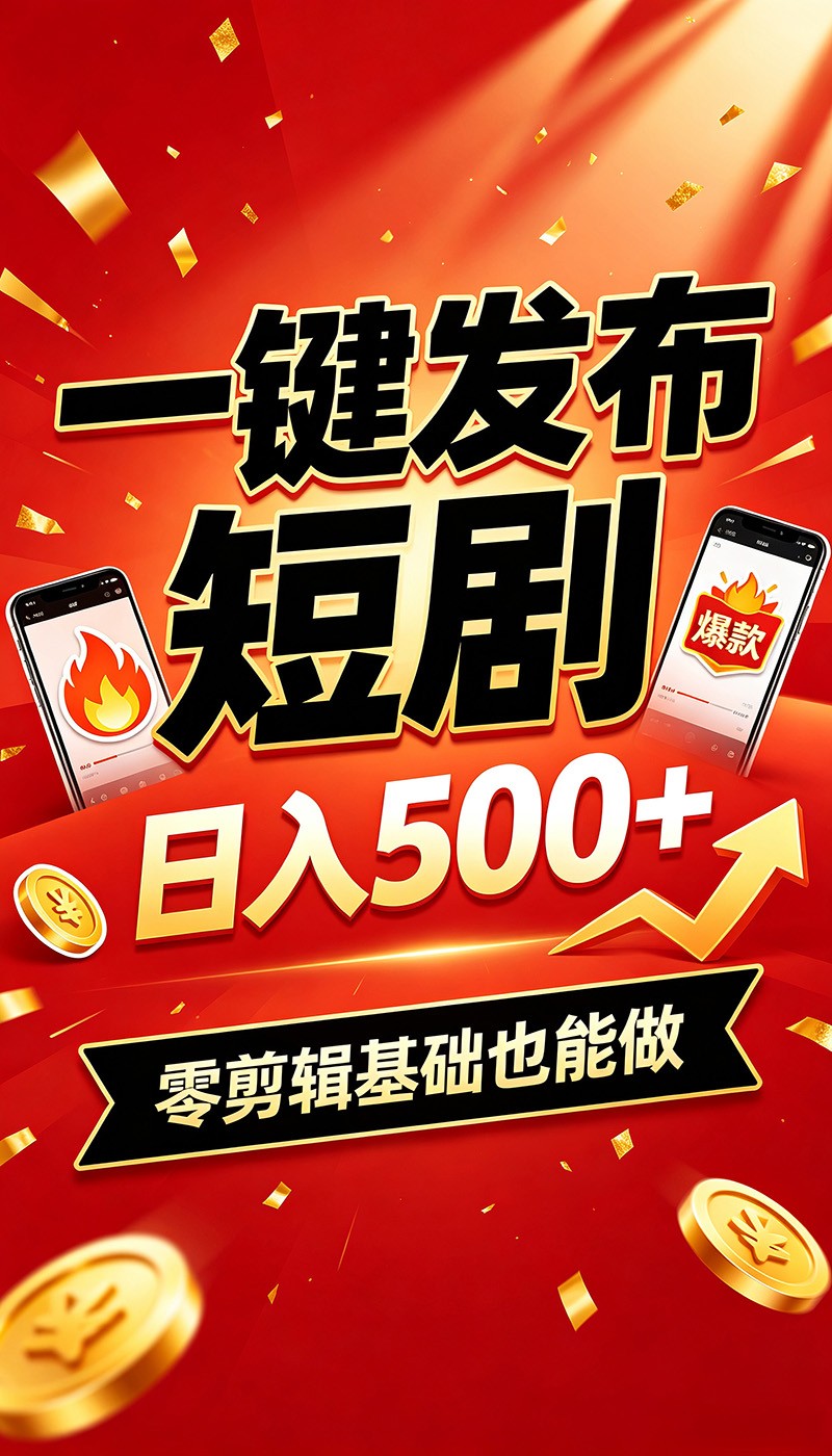 快手短剧一键发布，不用剪辑操作简单，副业日入500+。空闲时间轻松赚收益-低成本创业项目大全｜短视频带货+AI副业变现｜知行创业网