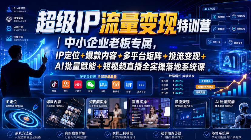 超级IP流量变现特训营｜中小企业老板专属，IP定位+爆款内容+多平台矩阵+投流变现+AI批量赋能+短视频直播全实操落地系统课-低成本创业项目大全｜短视频带货+AI副业变现｜知行创业网