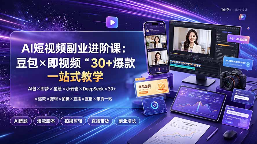 (19458期)AI短视频副业进阶课:豆包×即梦×星绘×小云雀×DeepSeek×30+爆款×剪辑×拍摄×直播×带货一站式教学-低成本创业项目大全|短视频带货+AI副业变现|知行创业网