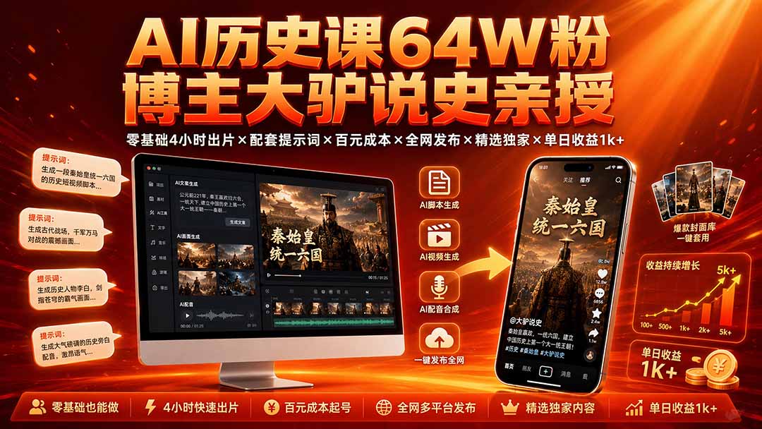 （19557期）AI历史课64W粉博主大驴说史亲授：零基础4小时出片×配套提示词×百元成本×全网发布×精选独家×单日收益1k+-低成本创业项目大全｜短视频带货+AI副业变现｜知行创业网