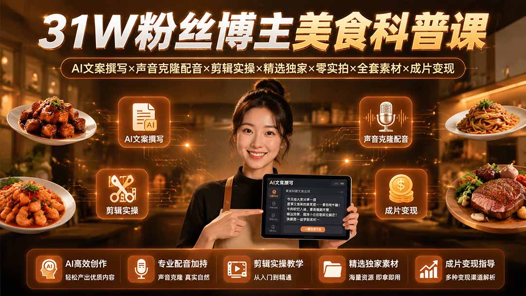 （19558期）31W粉丝博主美食科普课：AI文案撰写×声音克隆配音×剪辑实操×精选独家×零实拍×全套素材×成片变现-低成本创业项目大全｜短视频带货+AI副业变现｜知行创业网