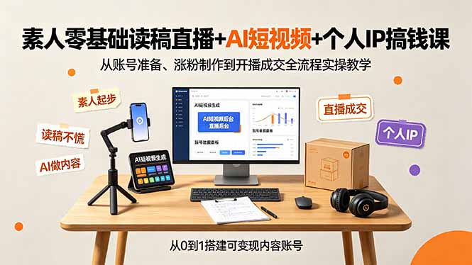 (19232期)素人零基础读稿直播+AI短视频+个人IP搞钱课,从账号准备、涨粉制作到开播成交全流程实操教学-低成本创业项目大全|短视频带货+AI副业变现|知行创业网