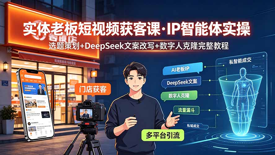 (19260期)实体老板短视频获客课·IP智能体实操|选题策划+DeepSeek文案改写+数字人克隆完整教程-低成本创业项目大全|短视频带货+AI副业变现|知行创业网