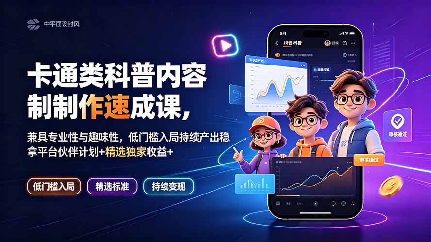 （19234期）卡通类科普内容制作速成课，兼具专业性与趣味性，低门槛入局持续产出稳拿平台伙伴计划+精选独家收益-低成本创业项目大全｜短视频带货+AI副业变现｜知行创业网