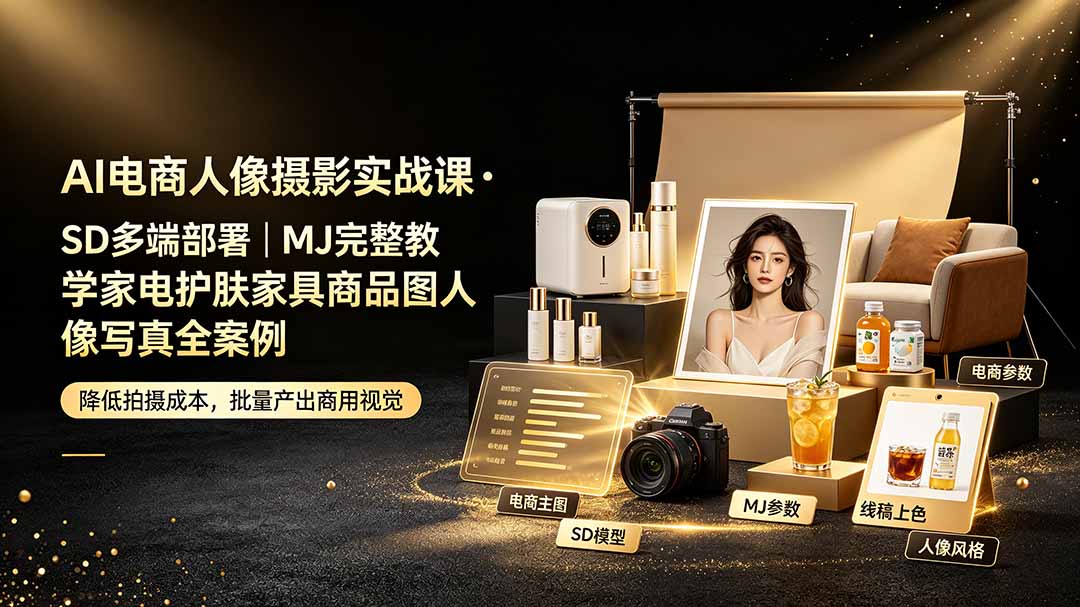 （19262期）AI电商人像摄影实战课·SD多端部署｜MJ完整教学｜家电护肤家具商品图人像写真全案例-低成本创业项目大全｜短视频带货+AI副业变现｜知行创业网