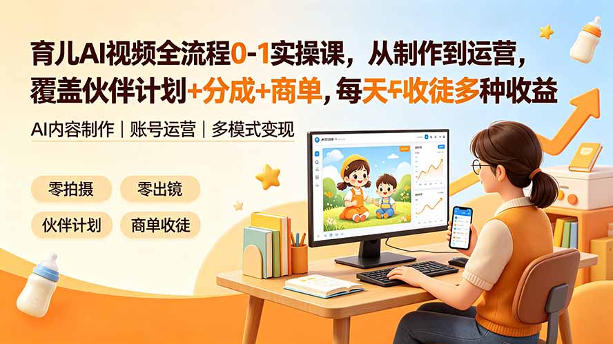 （19236期）育儿AI视频全流程0-1实操课，从制作到运营，覆盖伙伴计划+分成+商单+收徒多种收益，每天500+收益-低成本创业项目大全｜短视频带货+AI副业变现｜知行创业网
