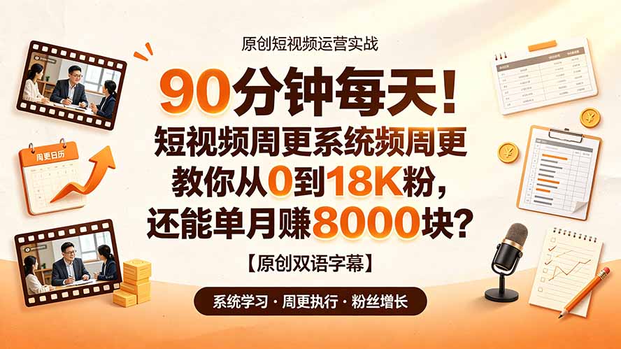 (19265期)90 分钟每天!短视频周更系统教你从 0 到 18K 粉,还能单月赚 8000 块?【原创双语字幕】-低成本创业项目大全|短视频带货+AI副业变现|知行创业网