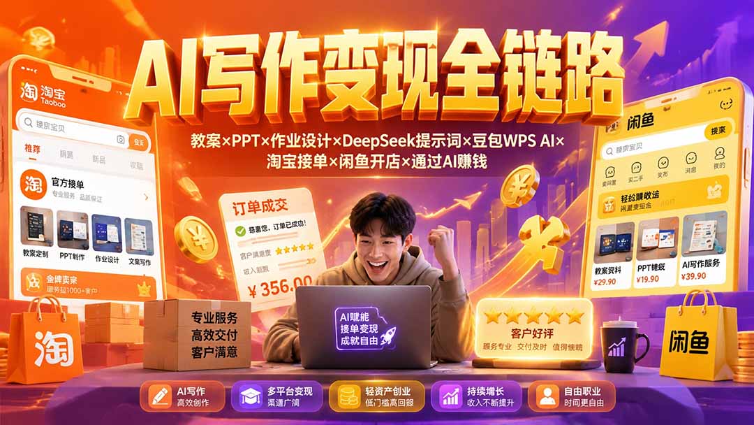 (19561期)2026AI写作变现全链路:教案×PPT×作业设计×DeepSeek提示词×豆包WPS AI×淘宝接单×闲鱼开店×通过AI賺钱-低成本创业项目大全|短视频带货+AI副业变现|知行创业网