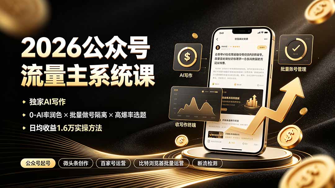 （19405期）2026公众号流量主系统课：独家AI写作×0-AI率润色×批量做号隔离×高爆率选题，日均收益1.6万实操方法-低成本创业项目大全｜短视频带货+AI副业变现｜知行创业网