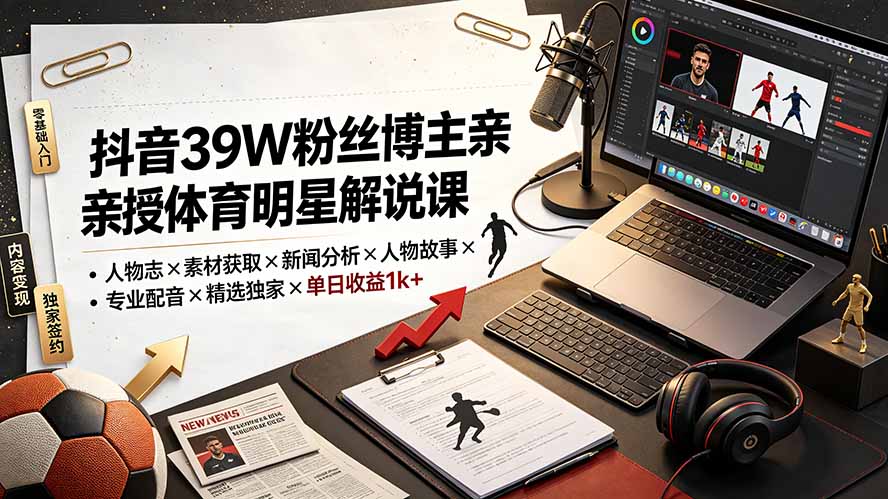 (19476期)抖音39W粉丝博主亲授体育明星解说课:人物志×素材获取×新闻分析×人物故事×专业配音×精选独家×单日收益1k+-低成本创业项目大全|短视频带货+AI副业变现|知行创业网